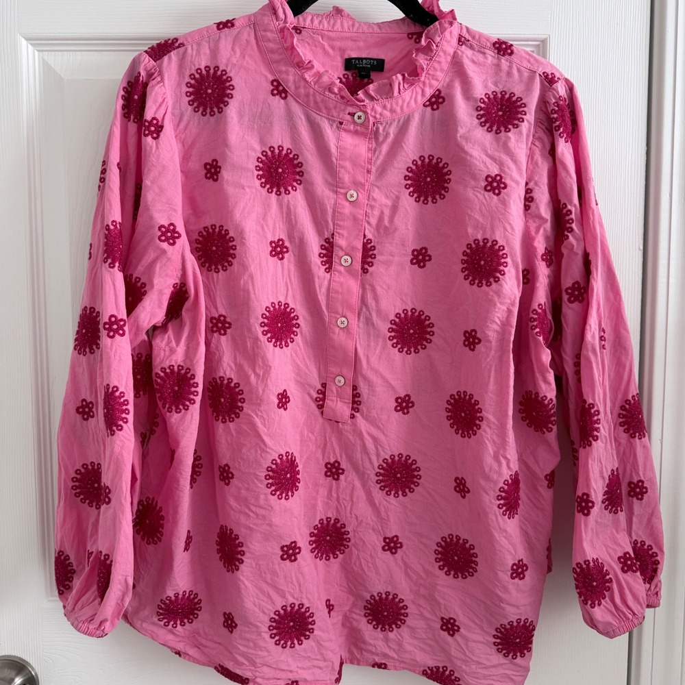 Talbots Ruffle Neck Top Women 2XP Pink Daisies All Day Embroidered Cotton Blouse